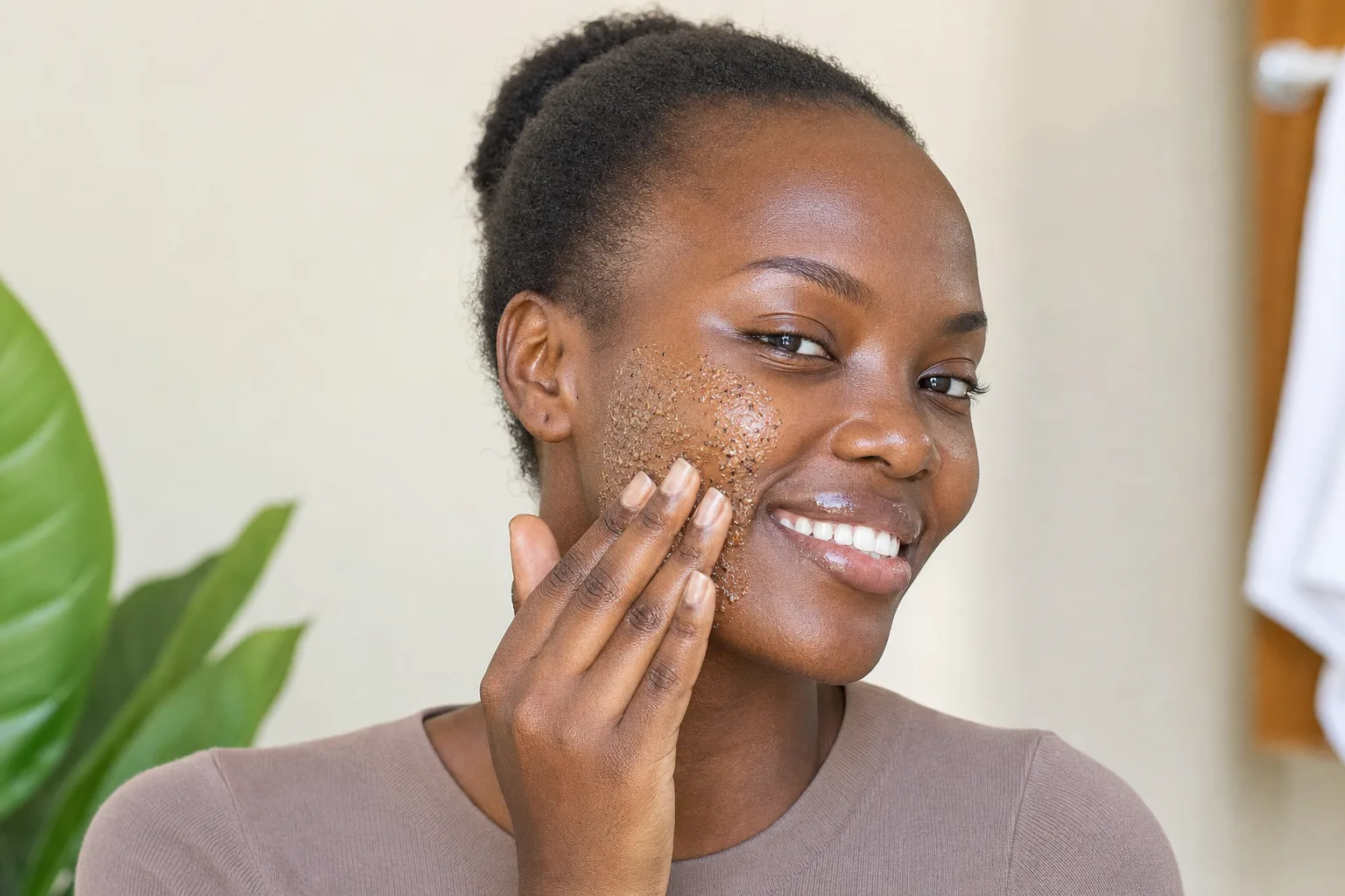 Black African woman applying a gentle exfoliating mask scrub to her cheek in bright natural light, smiling
