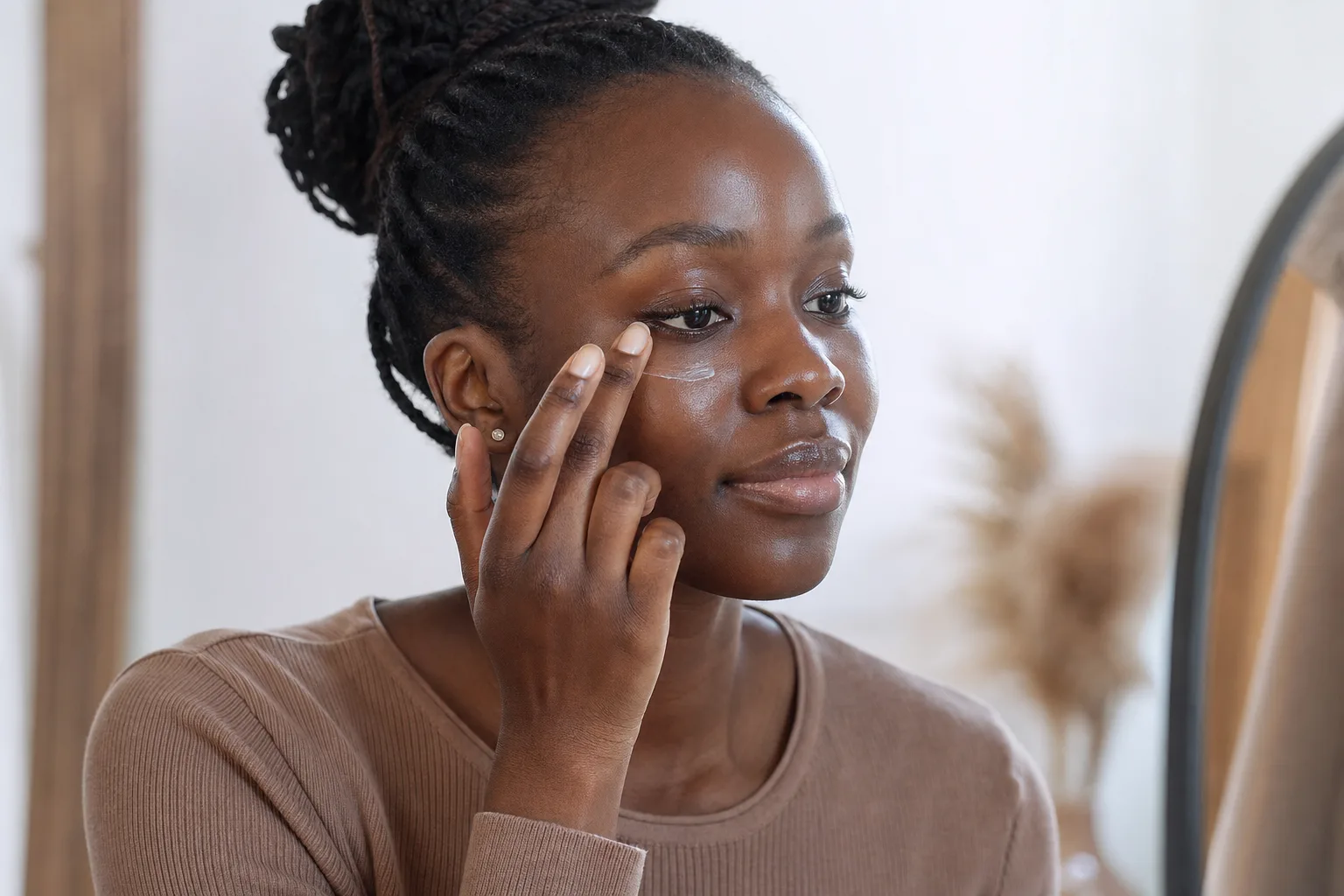 Black African woman gently patting eye treatment under her eye with her ring finger in soft morning light