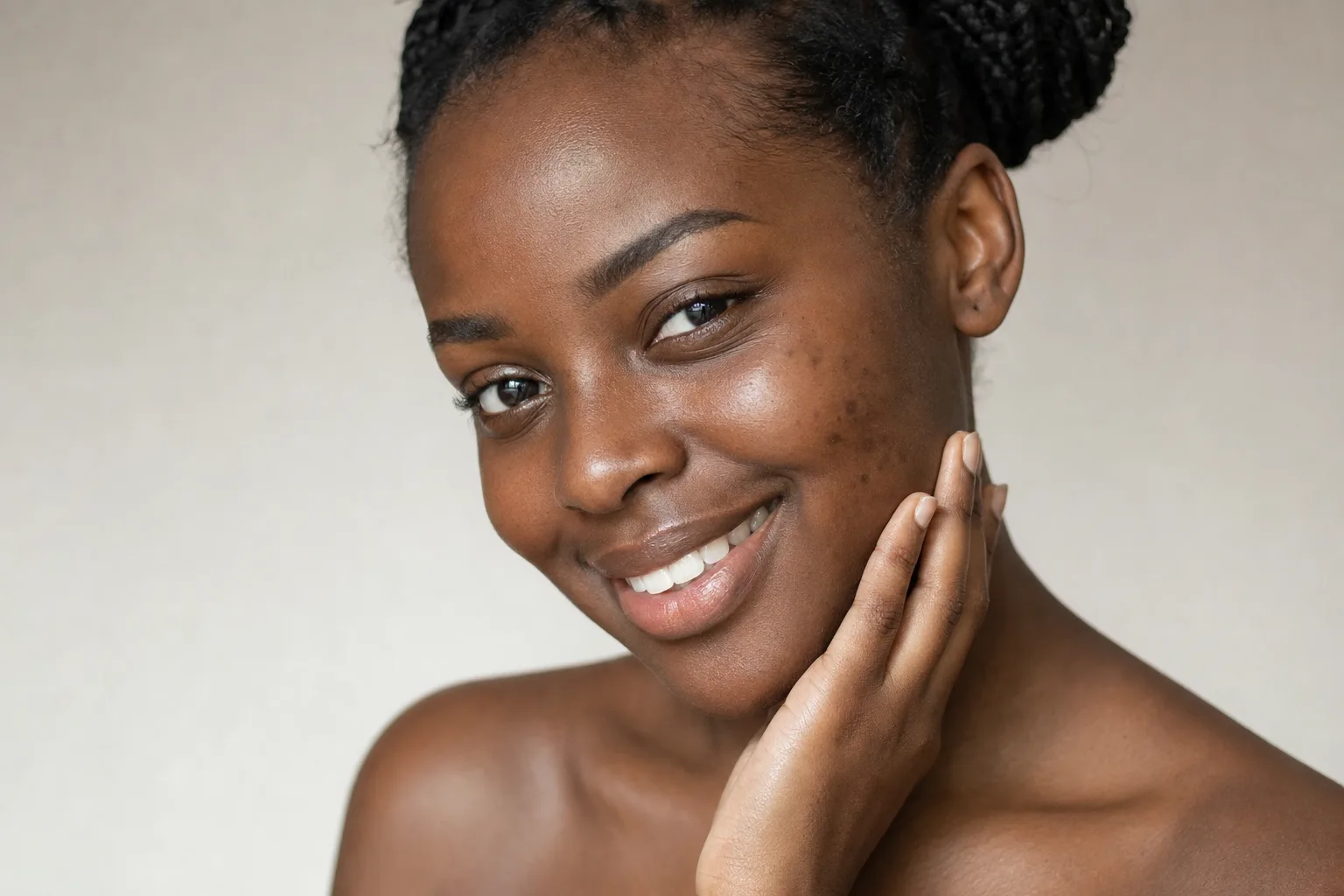Smiling Black African woman with deep brown skin and a few fading dark spots on her cheek, touching her face in soft natural light